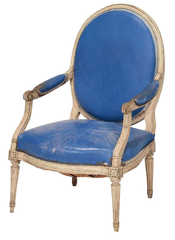 Appraisal: Louis XVI Style Carved Paint Decorated Armchair French th century