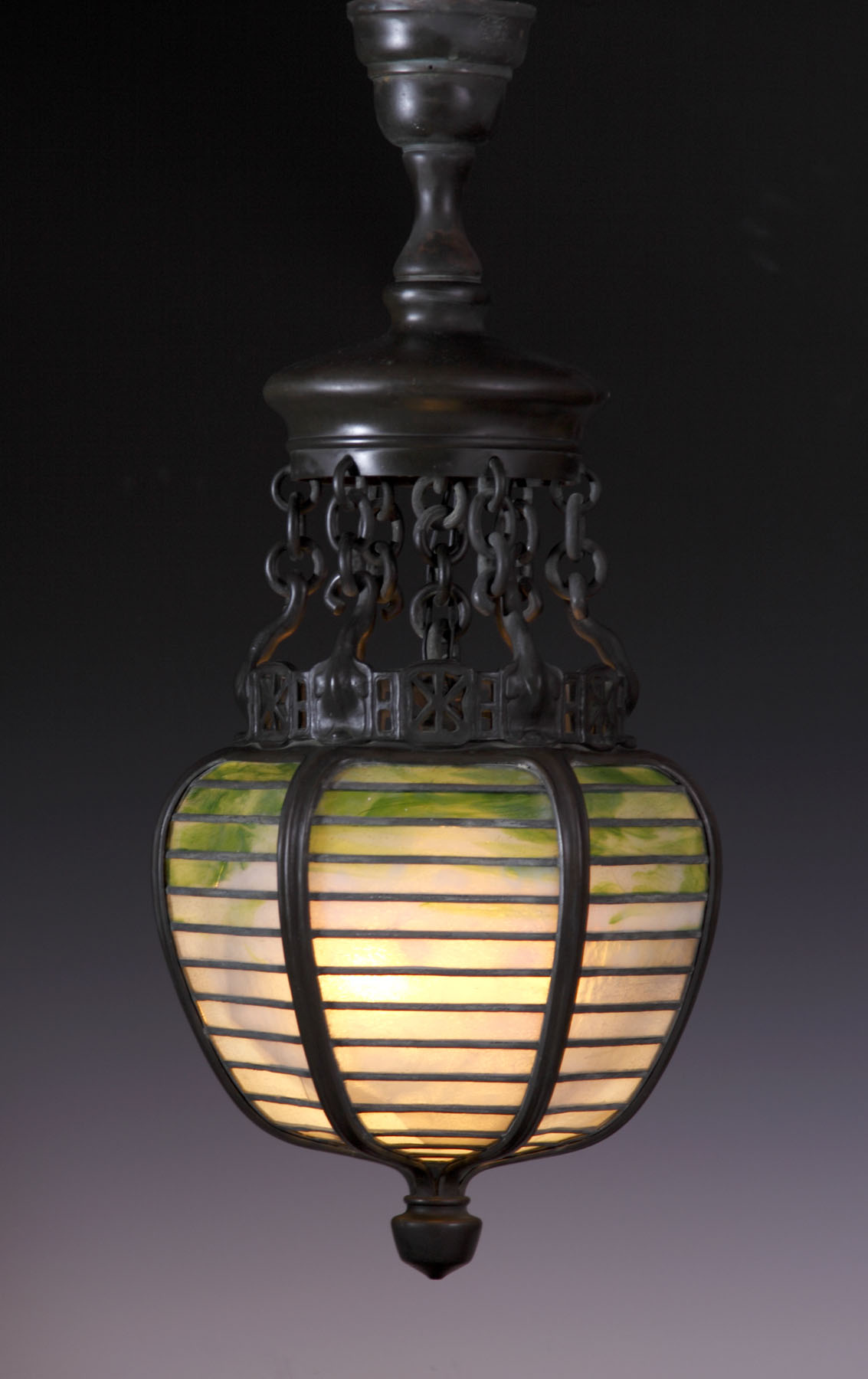 Appraisal: Early Tiffany Studios NY Bronze Leaded Glass Hall Lantern Pictured