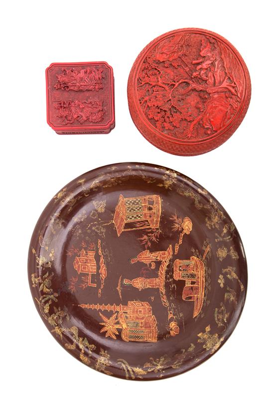 Appraisal: Sale Lot Two Cinnabar Boxes and a Chinese Lacquered Dish