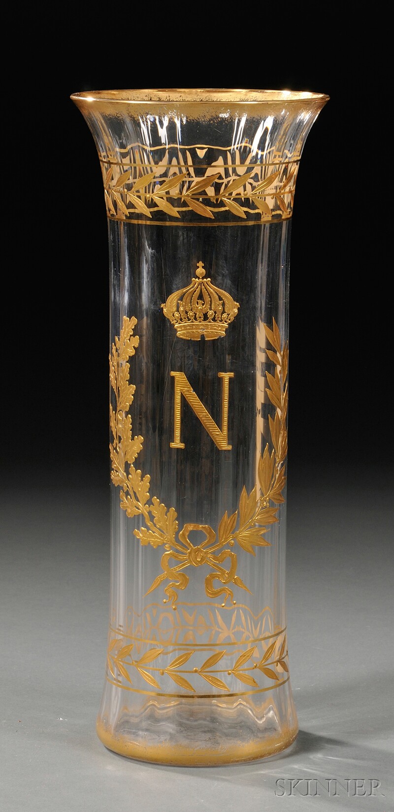 Appraisal: Napoleonic Gilded Glass Vase France th century tall paneled body