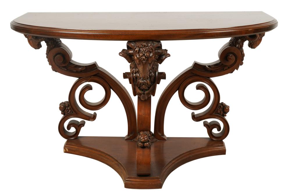 Appraisal: RENAISSANCE STYLE CARVED MAHOGANY DEMILUNE TABLEafter Provenance The Estate of