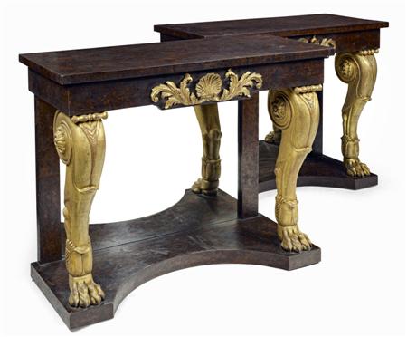 Appraisal: PAIR OF REGENCY STYLE SIMULATED BURRWOOD AND PARCEL GILT CONSOLE