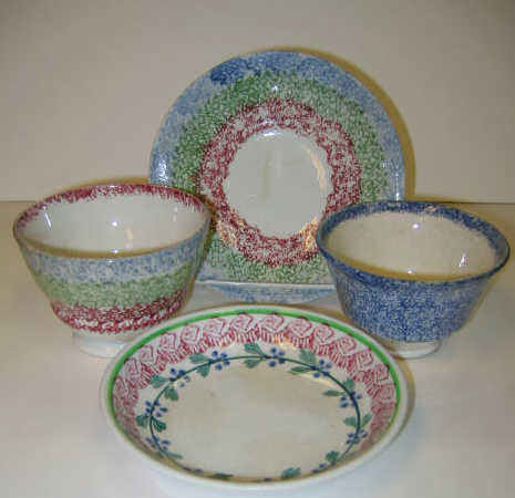 Appraisal: ENGLISH SPATTERWARE Four pieces blue green and red rainbow spatter