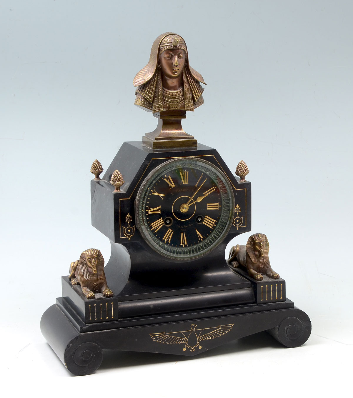 Appraisal: FRENCH EGYPTIAN REVIVAL BLACK MARBLE CLOCK Marble clock measures ''