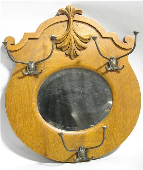 Appraisal: VICTORIAN OAK HANGING COAT RACK WITH MIRROR The carved crest