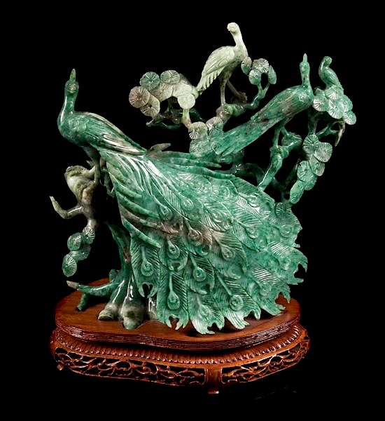 Appraisal: A Green Jadeite Figural Group of Birds Height inches A