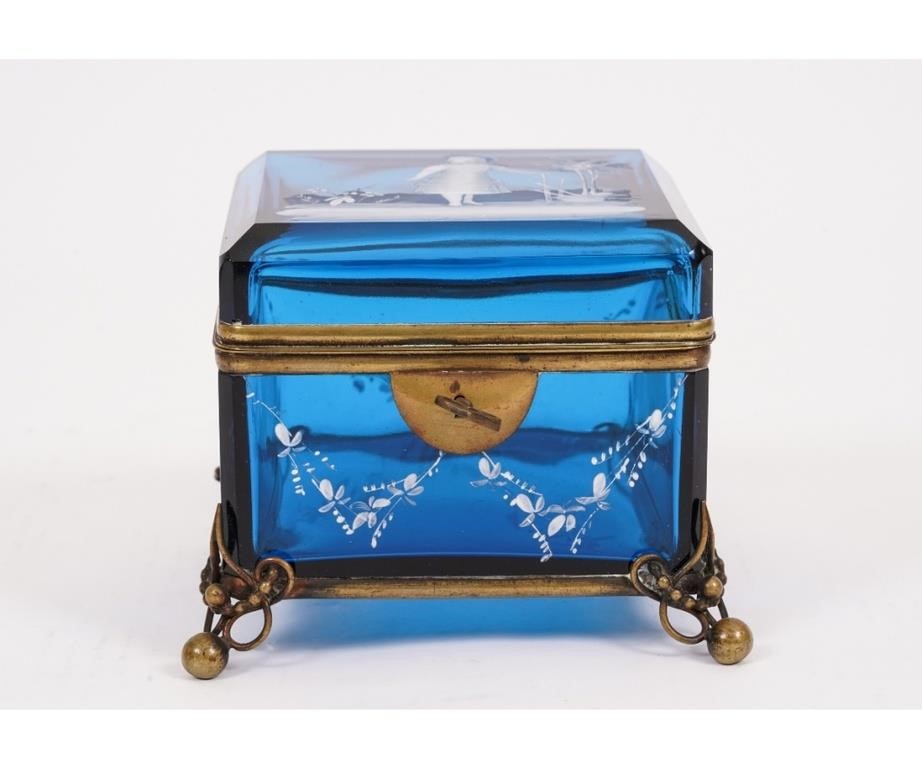 Appraisal: Mary Gregory Moser blue glass dresser box with brass mounts