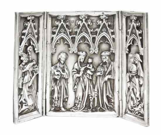 Appraisal: A German Silver Triptych Hanau the exterior having hand chased