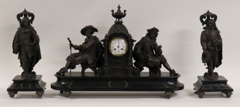 Appraisal: MONUMENTAL SPELTER AND MARBLE CLOCK GARNITURE SET Great large size