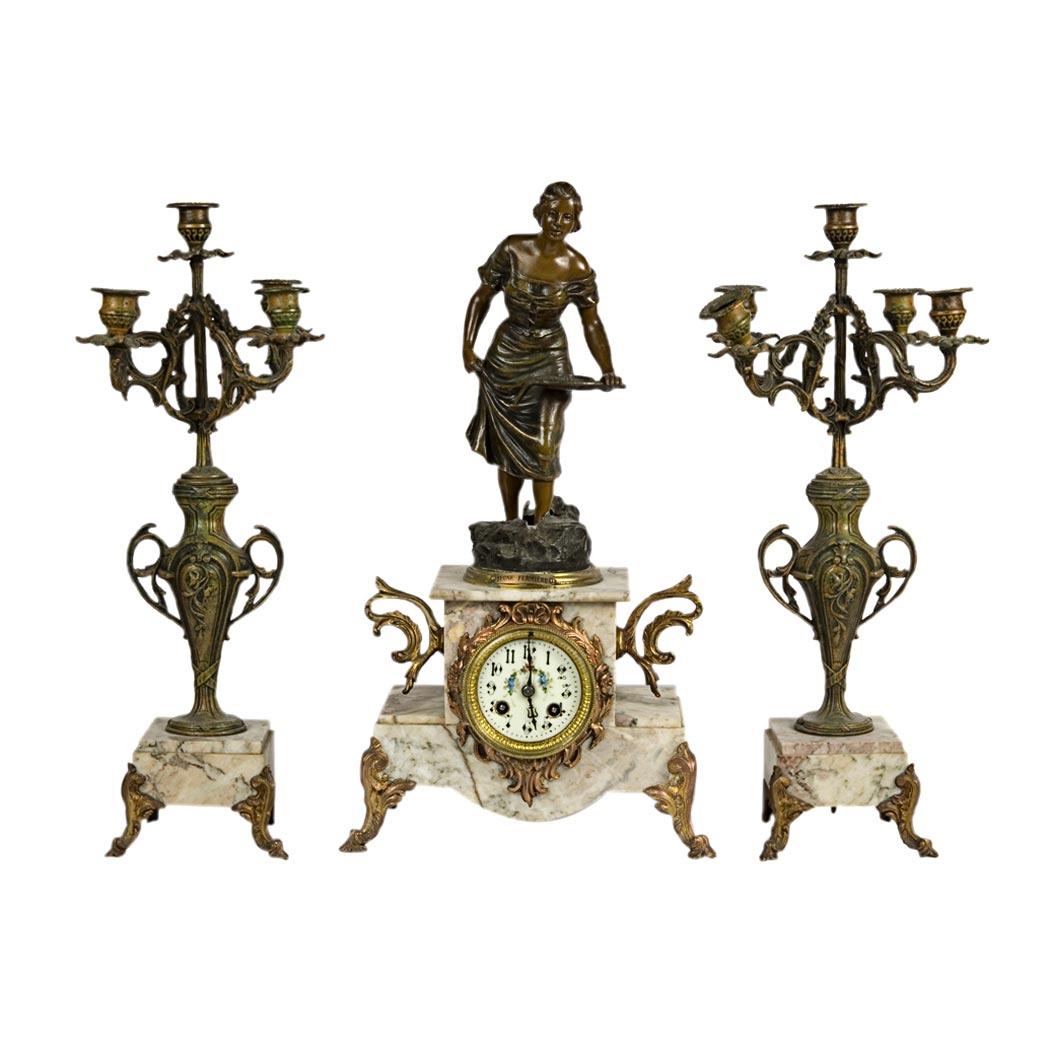 Appraisal: Louis XV Style Patinated-Metal and Marble Three-Piece Clock Garniture Height