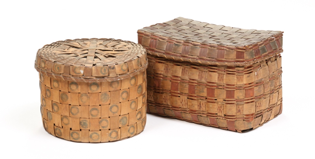 Appraisal: TWO AMERICAN DECORATED LIDDED BASKETS Late th-early th century Woven