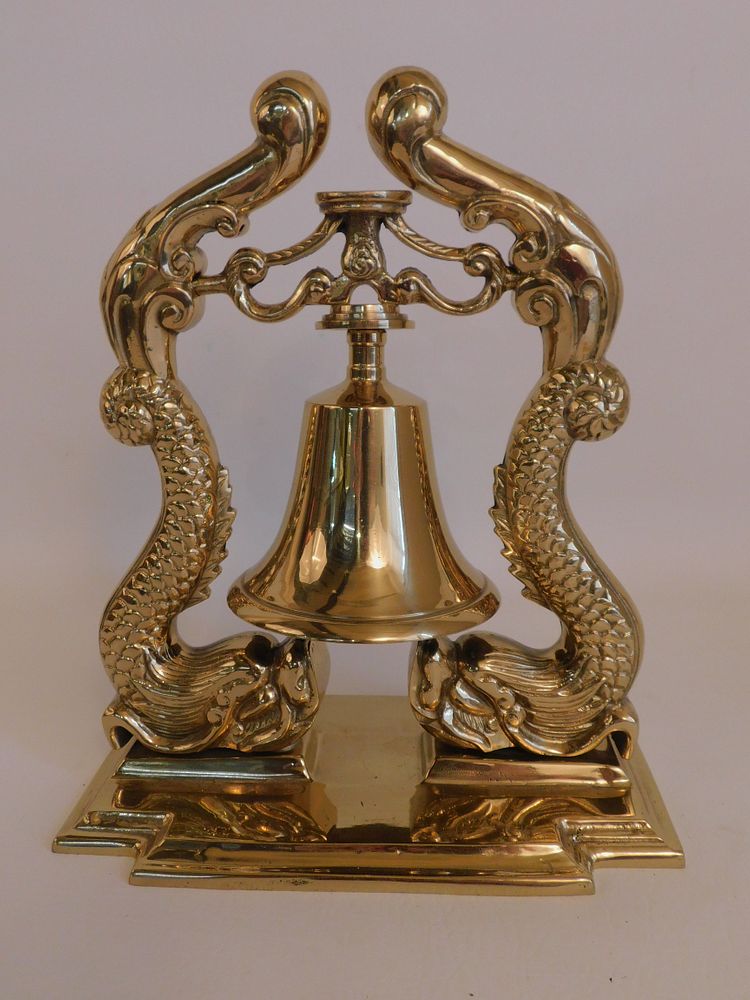 Appraisal: BRASS NAUTICAL BELL - DOLPHINS Vintage heavy solid brass double