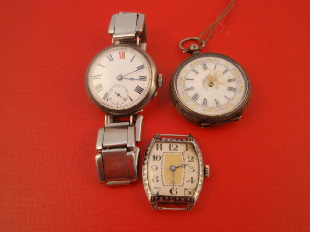 Appraisal: An Art Deco yellow bezelled wristwatch silver fob watch with