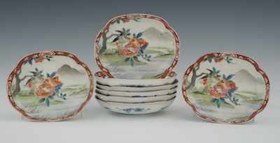 Appraisal: Eight Japanese Porcelain Plates Eight matched petit bowls with stenciled