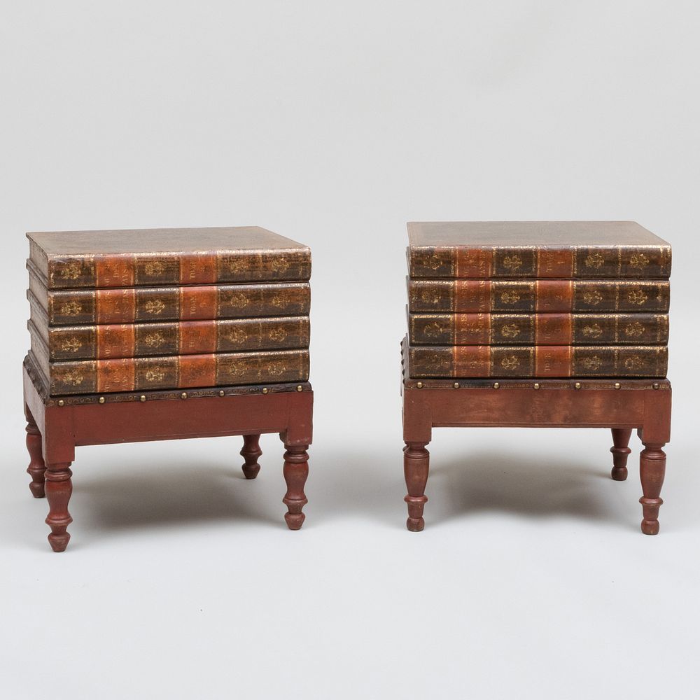 Appraisal: Pair of Leather and Painted Book Form Low Tables Opening