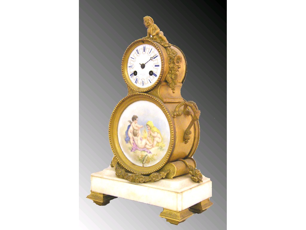 Appraisal: French ormolu and porcelain mounted two train mantel clock the