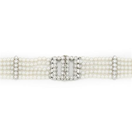 Appraisal: Five Strand Cultured Pearl White Gold and Diamond Choker Necklace