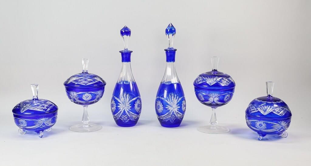 Appraisal: pieces cobalt cut to clear glass decanters and candy dishes