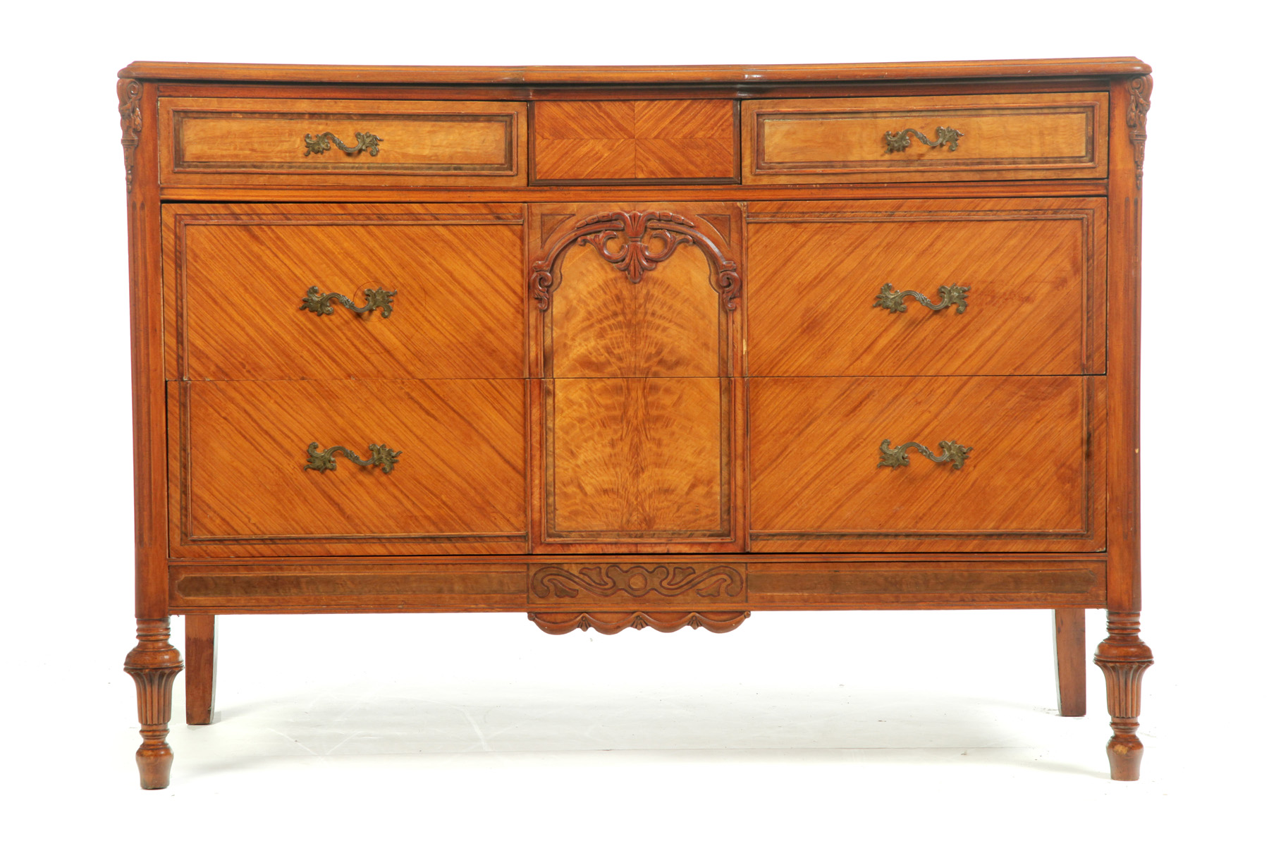 Appraisal: FRENCH-STYLE INLAID CHEST OF DRAWERS American mid th century mahogany