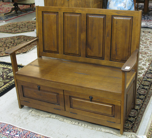 Appraisal: ANTIQUE STYLE PINE SETTLE American th century with four-panel back