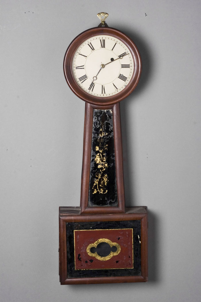 Appraisal: AMERICAN MAHOGANY BANJO TIMEPIECE WITH EGLOMISE PANELS MID TH CENTURY