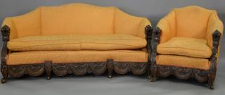 Appraisal: Two piece carved walnut parlor set sofa lg in Two