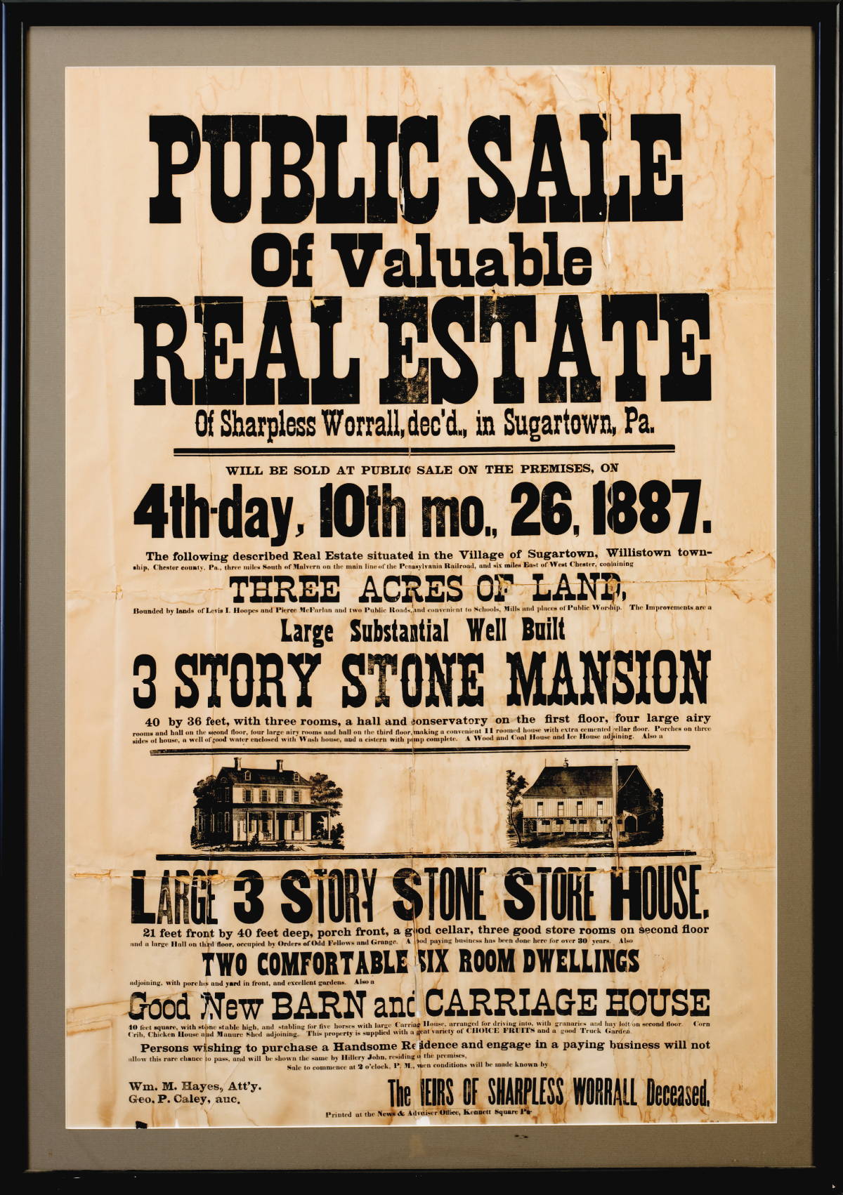 Appraisal: PUBLIC SALE OF VALUABLE REAL ESTATE FRAMED AUCTION BROADSIDE FOR