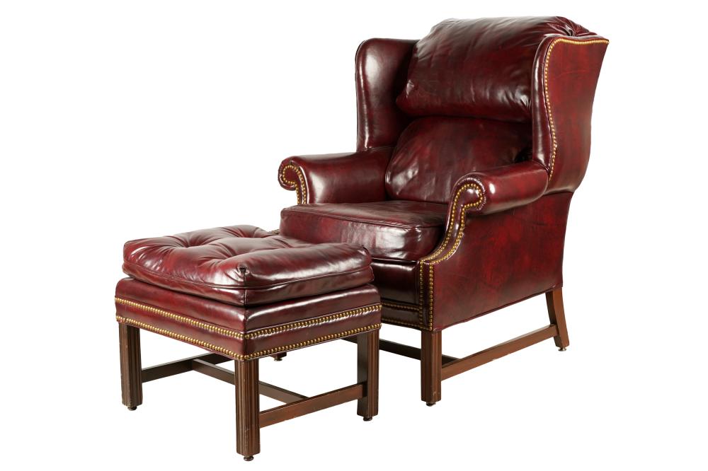 Appraisal: NORTH HICKORY FURNITURE CO CLUB CHAIR OTTOMANwith manufacturer's tags burgundy