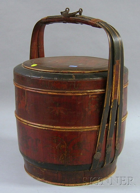 Appraisal: Chinese Painted Wood and Bamboo Covered Picnic Basket