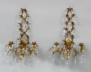 Appraisal: A Pair of Gilt Metal Wall Sconces with Crystal Drops