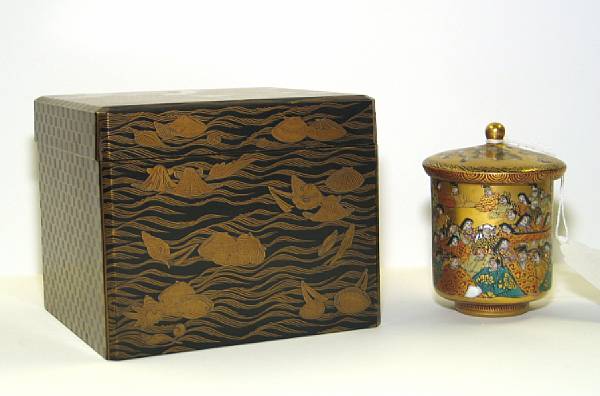 Appraisal: A black and gilt lacquer covered box Circa Of rectangular