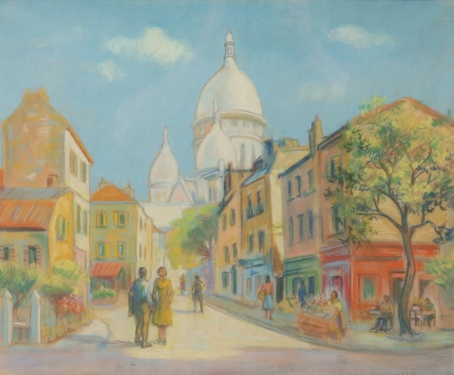 Appraisal: PASTEL ON PAPER STREET SCENEPastel pencil on paper street scene