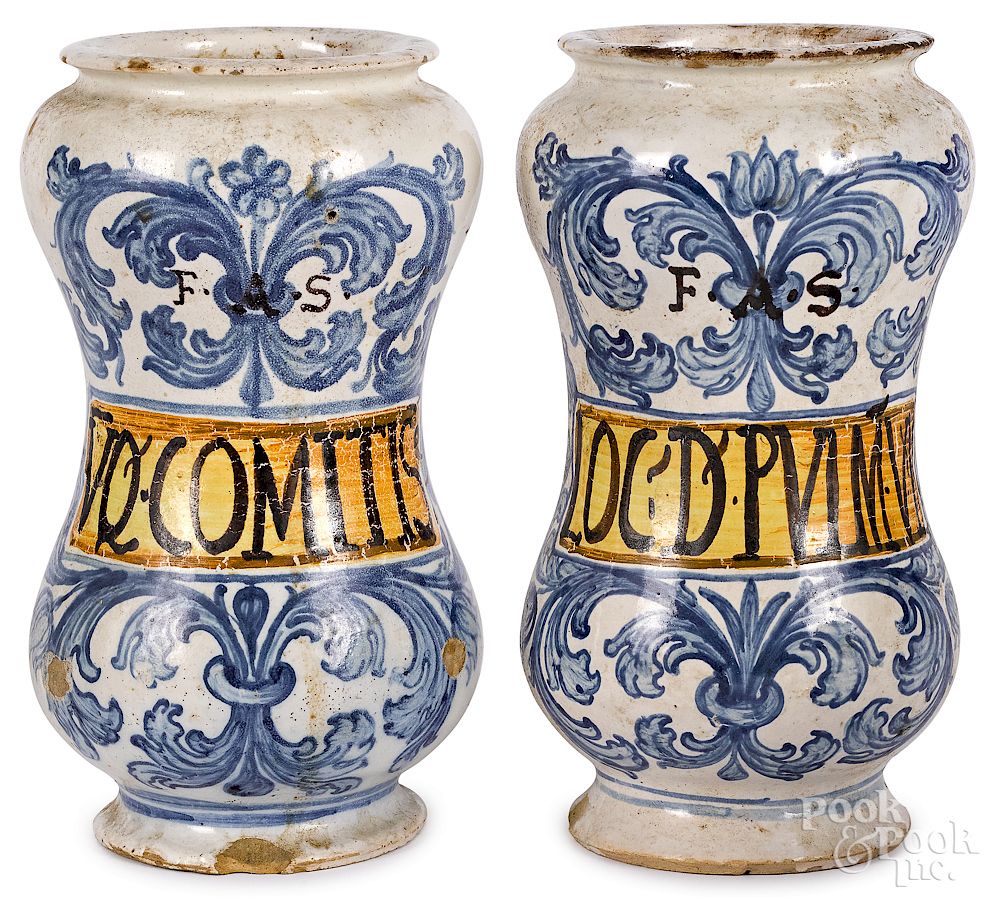 Appraisal: Pair of Italian majolica albarello jars Exclusive on Bidsquare Pair