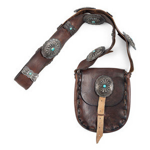 Appraisal: Navajo Leather Bag with Silver and Turquoise Conchas mid- th