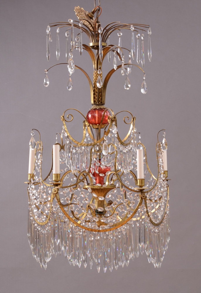 Appraisal: BALTIC NEOCLASSICAL GILT-METAL AND GLASS FIVE-LIGHT CHANDELIER POSSIBLY RUSSIAN The