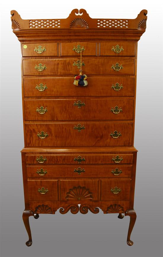 Appraisal: AMERICAN CHIPPENDALE STYLE TIGER MAPLE FLAT TOP DUNLAP STYLE HIGHBOY