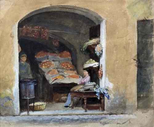 Appraisal: John William Waterhouse - - Watercolour sketch - ''Neapolitan Shop''