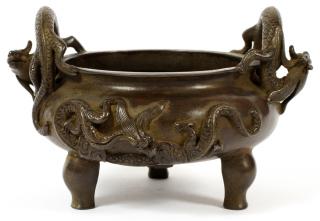 Appraisal: CHINESE BRONZE FOOTED BOWL H DIA Raised dragon design on