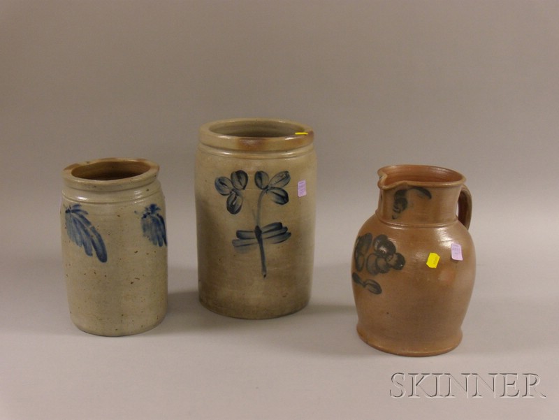 Appraisal: Three Pieces of Cobalt Decorated Stoneware a floral decorated pitcher