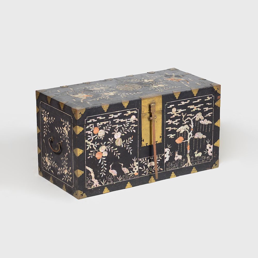 Appraisal: Japanese Brass-Mounted Nacre Inlaid and Black Lacquered Chest x x