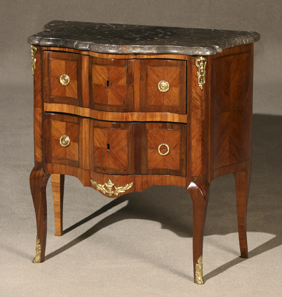 Appraisal: Louis XV-XVI Ormolu Mounted Parquetry Kingwood and Tulipwood Petite Serpentine