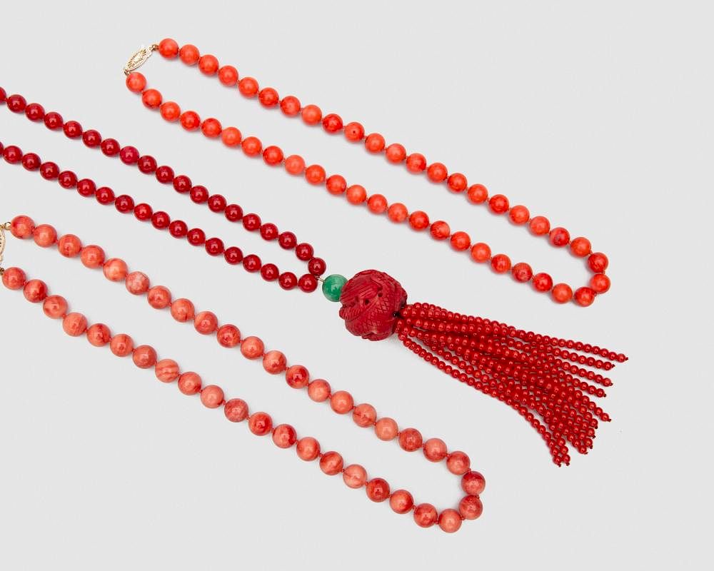 Appraisal: Three Coral Necklaces Three Coral Necklaces comprising one with red