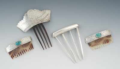 Appraisal: Four Decorative Hair Combs with Silver Ornaments Including a Victorian