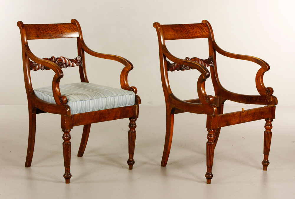 Appraisal: - Pair of Armchairs with Tiger Maple Backs Pair of