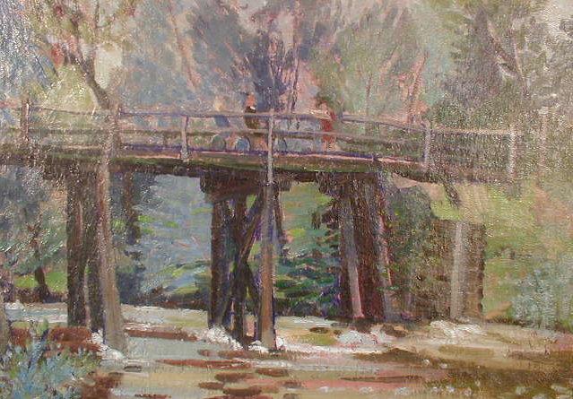 Appraisal: M Douglas Thompson thC Figures on a river bridge oil