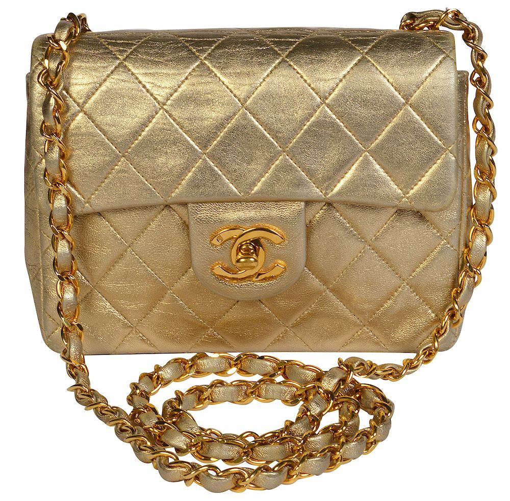 Appraisal: Miniature Gold Metallic Leather CHANEL Bag Mini Chanel in gold