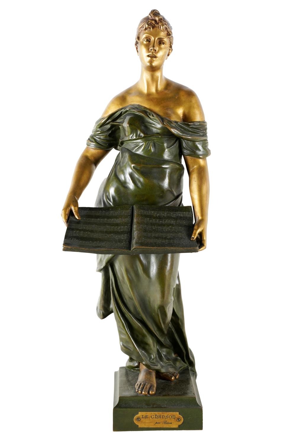 Appraisal: FRENCH SCHOOL LA CHANSON bronze with gilt and green patination