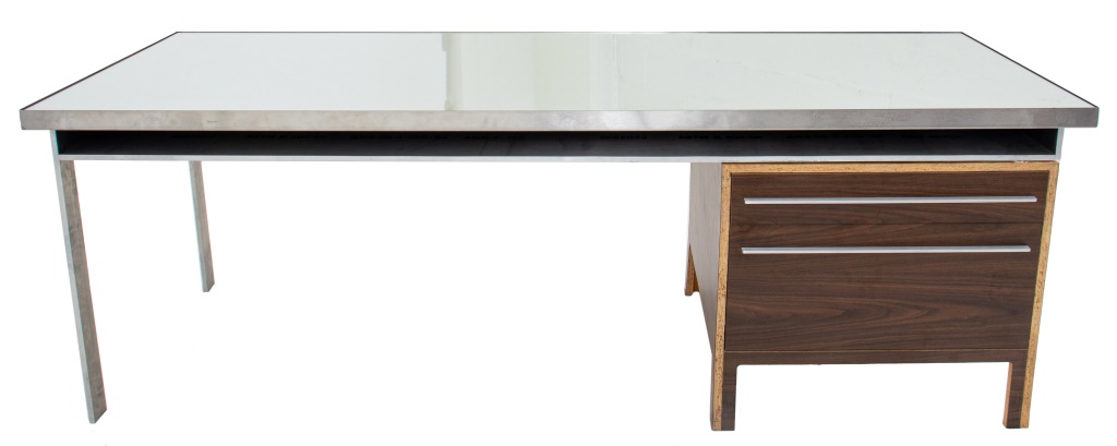 Appraisal: POSTMODERN ARCHITECT-DESIGNED PLYWOOD STEEL DESK Postmodern architect-designed plywood steel large