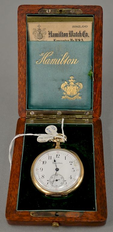 Appraisal: karat gold Hamilton open face pocket watch in original wooden