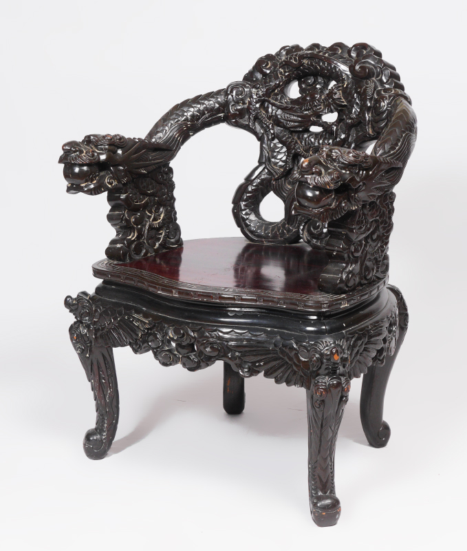 Appraisal: CHINESE CARVED FIGURAL DRAGON ARM CHAIR Carved all over back